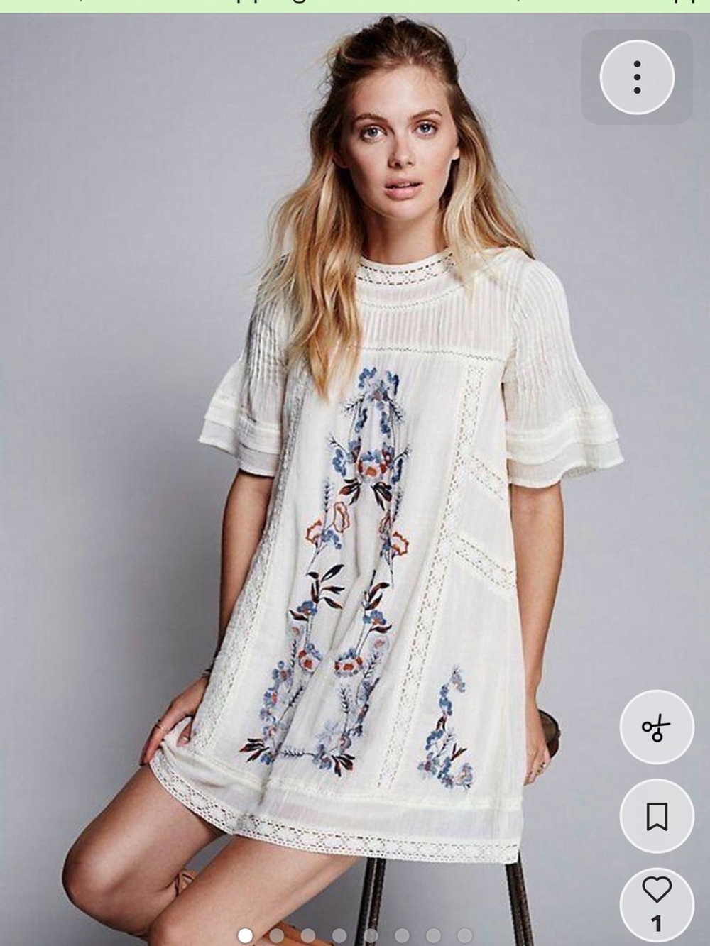 Free People Cream Mini Dress with Blue and Pink Embroidery